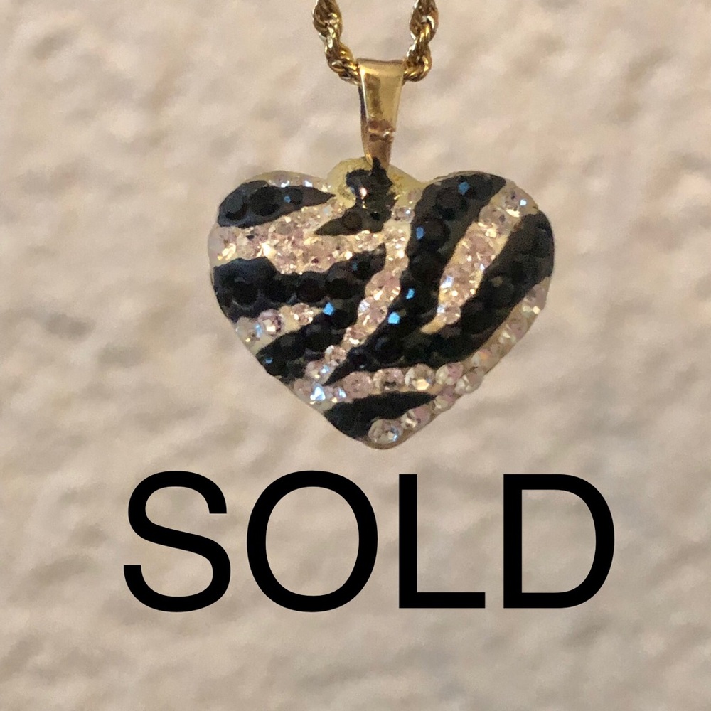 10k Yellow Gold Zebra motif Swarovski Crystal embellished puffed heart